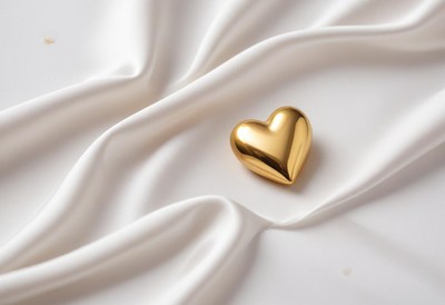 Golden heart on soft white fabric in a serene setting