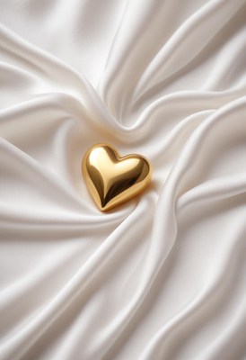 Golden heart placed on elegant white fabric