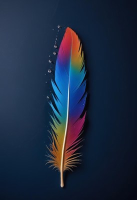Colorful feather resting on dark surface with bubbles