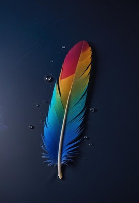 Colorful feather resting on dark surface with droplets
