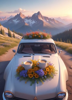 Vintage car adorned with flowers near mountain landscape