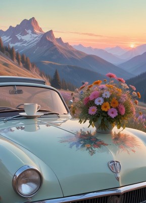 Vintage car adorned with flowers in mountain sunset