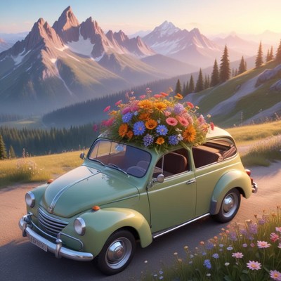Colorful vintage car drives through mountain landscape