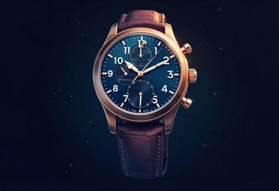 Luxury watch with blue dial and brown leather strap