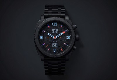 Elegant black chronograph watch on dark background