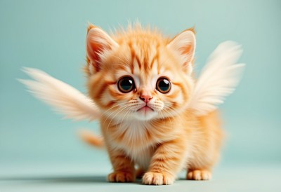 Cute fluffy kitten with wings on blue background