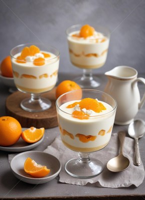 Delicious dessert with oranges served in glass bowls