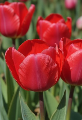Bright red tulips bloom in vibrant spring garden