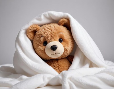 Cute teddy bear wrapped in a soft blanket