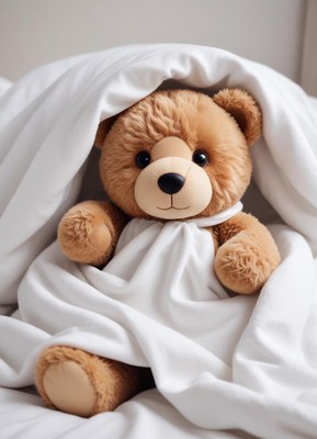Teddy bear wrapped in soft blanket relaxing indoors