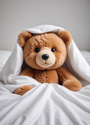 Cozy teddy bear tucked in bed under a blanket