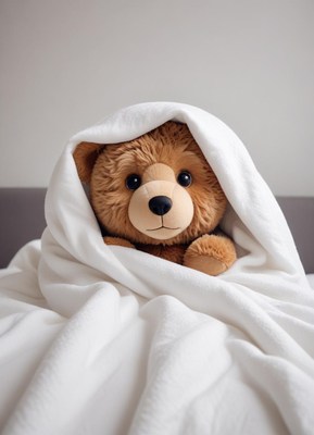 Cozy teddy bear wrapped in soft white blanket indoors