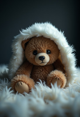 Soft teddy bear cozy under warm blanket
