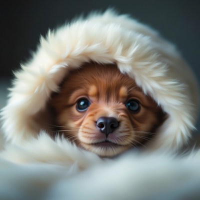 Cute puppy wearing fluffy hooded blanket in cozy setting