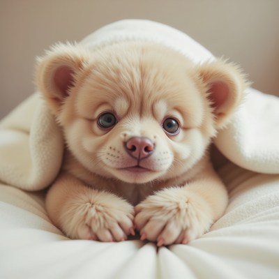 Cute puppy resting under a cozy blanket indoors