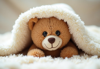Soft teddy bear resting under a cozy blanket
