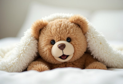 Cute teddy bear peeking from under a fluffy blanket