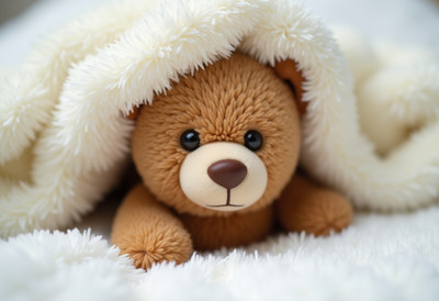Teddy bear peeking out from under a fluffy blanket