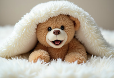 Cute teddy bear peeking from under soft blanket