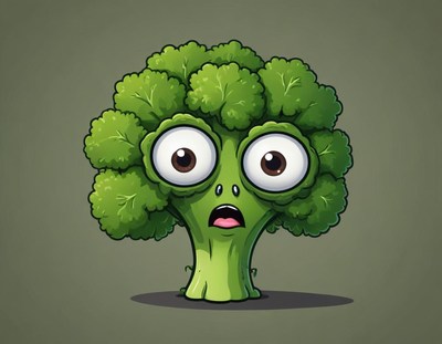 Broccoli character with surprised expression and big eyes