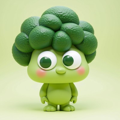 Whimsical green figure resembling broccoli stands cheerfully