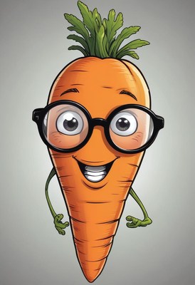 Cheerful cartoon carrot character with glasses smiling