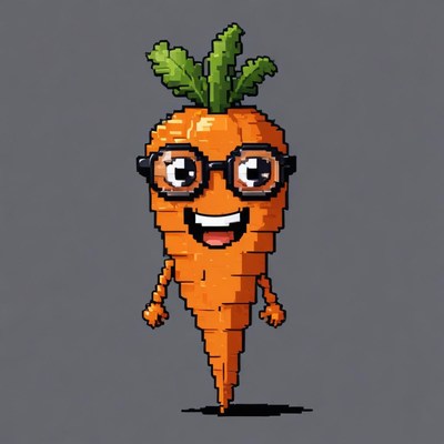 Cheerful carrot character with glasses in pixel art style