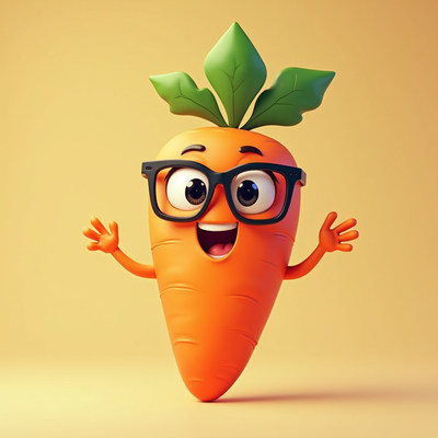 Carrot character with glasses smiling cheerfully