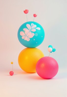 Colorful decorative spheres with floral accents on display