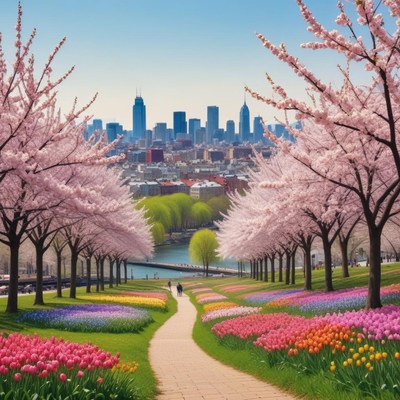 Beautiful spring park with cherry blossoms and city skyline
