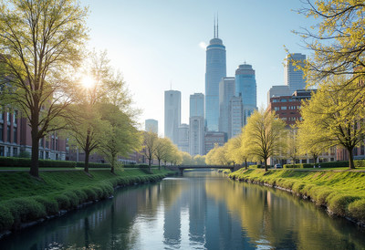 Morning light brightens spring skyline and river