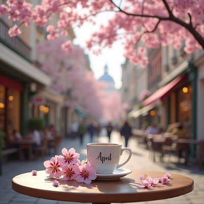 Springtime cafe with cherry blossoms and coffee cup
