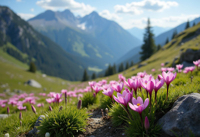 Blooming pink flowers in a mountainous landscape