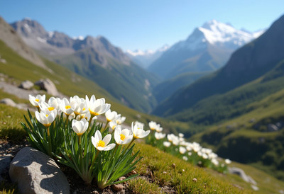 Flowers bloom in a sunny mountain valley amidst green grass