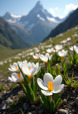 Snow-capped mountains and blooming flowers in springtime