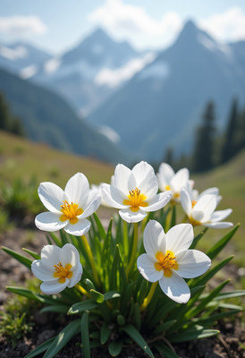 Beautiful white flowers blooming in a mountain meadow