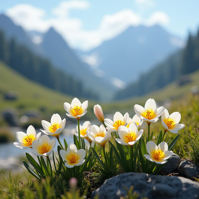 Flowers bloom beautifully in a mountain valley landscape