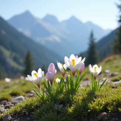 Vibrant spring flowers bloom in mountain valley landscape