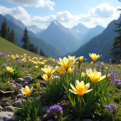 Vibrant flowers bloom in picturesque mountain landscape