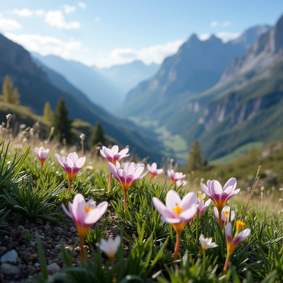 Vibrant flowers bloom in mountain valley during daylight