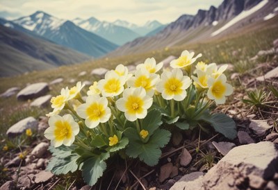 Mountain flowers bloom in rocky landscape under blue sky