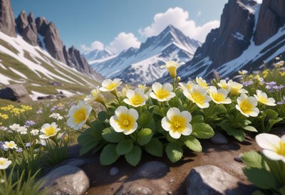 Vibrant wildflowers bloom in mountain valley during spring