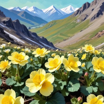 Vibrant yellow flowers bloom in a majestic mountain valley