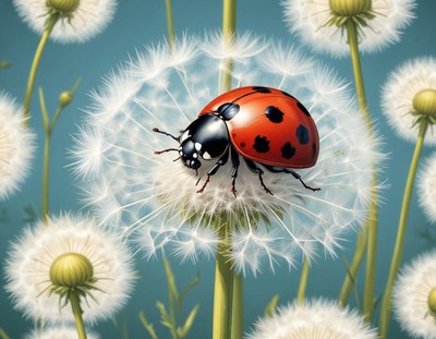 Ladybug resting on dandelion seeds in spring garden