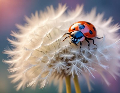 Ladybug crawls on dandelion flower under soft sunlight