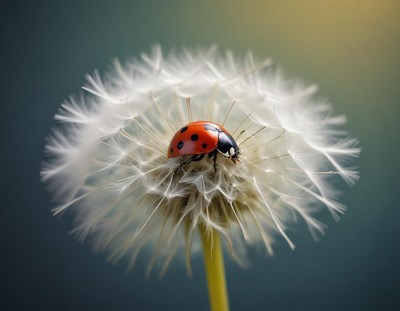 Ladybug resting on dandelion puff in gentle sunlight