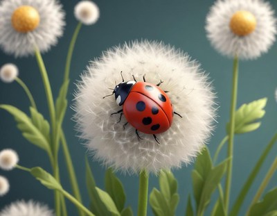 Ladybug resting on dandelion seeds in nature