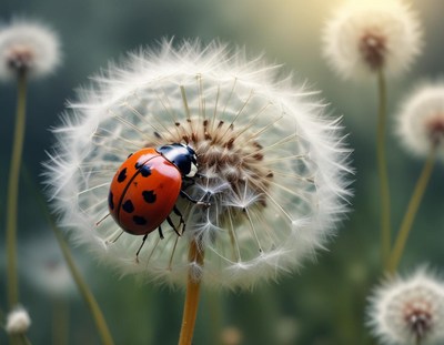 Ladybug on a dandelion in a sunny meadow
