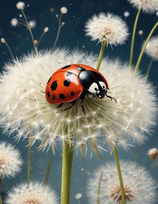 Ladybug exploring a dandelion field at dusk