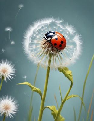 Ladybug resting on dandelion in a serene outdoor setting